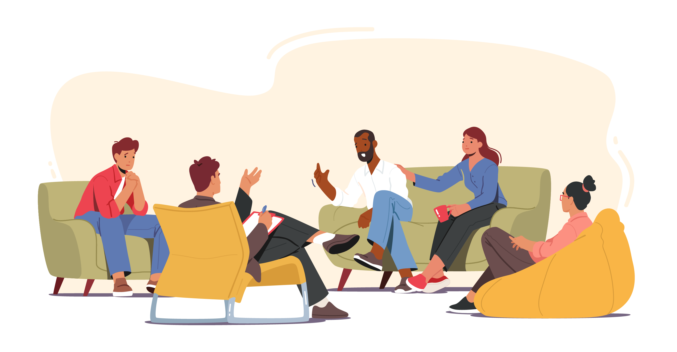 Illustrated picture of people sitting on couches talking with each other